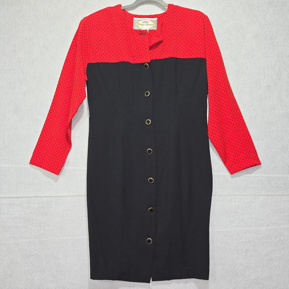 VTG California Gold Rush Red Black Polka Dot Button Sheath Dress‎ Size 11 12